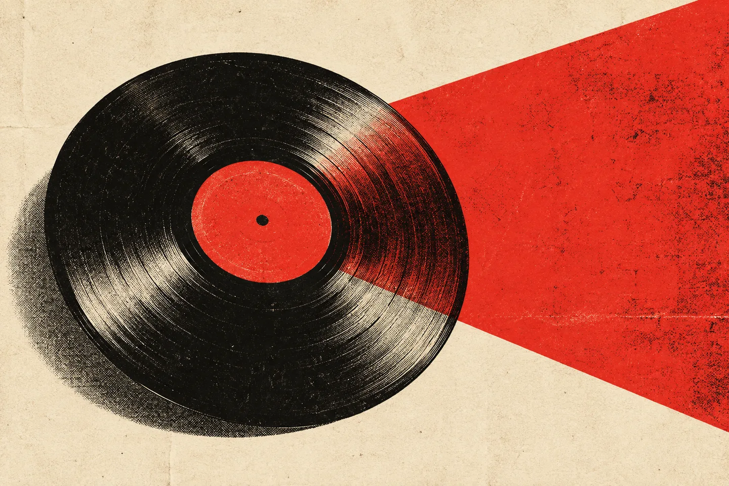 Originale Editorial-Collage einer Schallplatte in Schwarz und Rot
