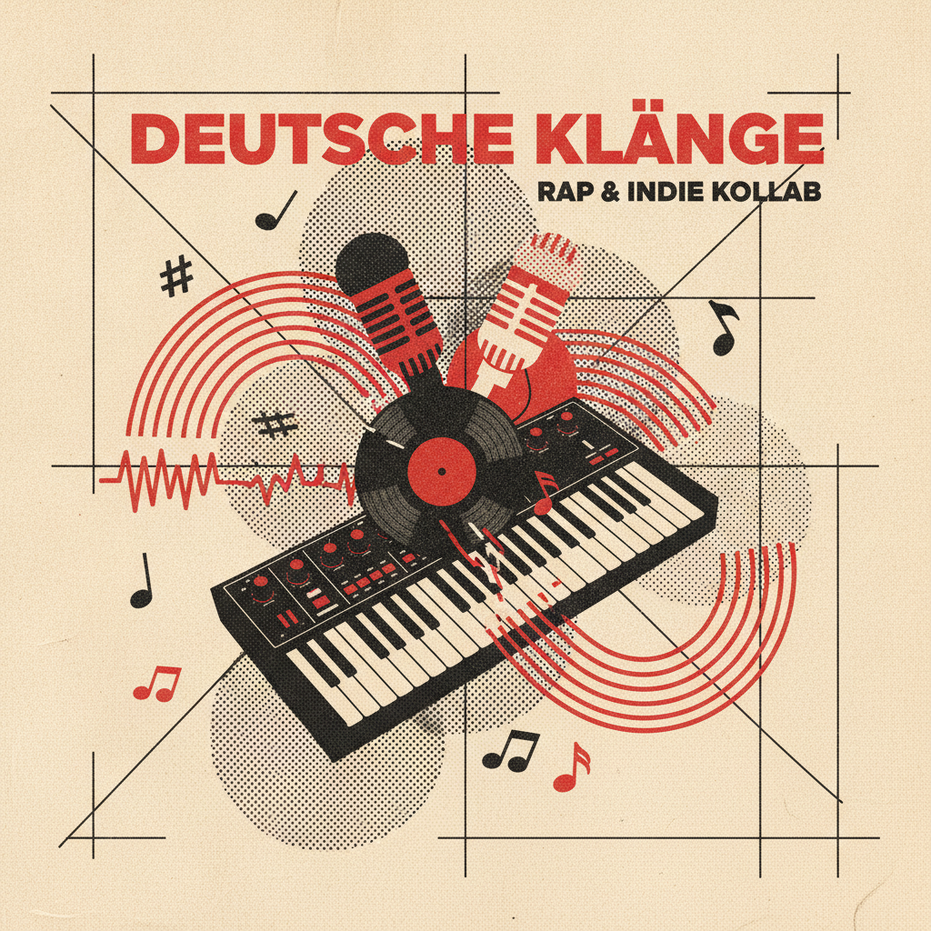 Risographie-Collage: Mikrophon und Akustikgitarre verschmelzen vor roten grafischen Wellenformen