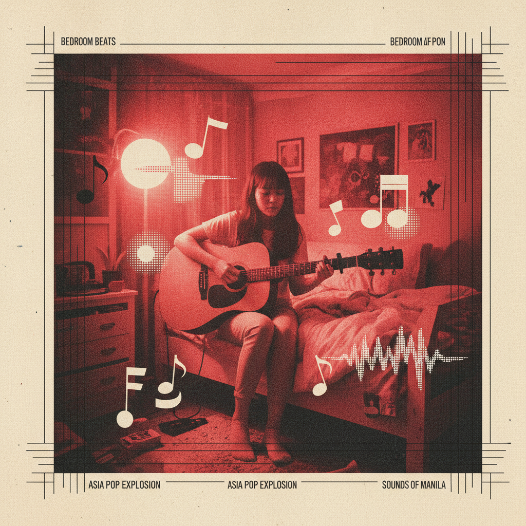 Risographie-Artwork: Junge Musikerin mit Akustikgitarre im warm beleuchteten Zimmer vor roten Grafik-Schatten